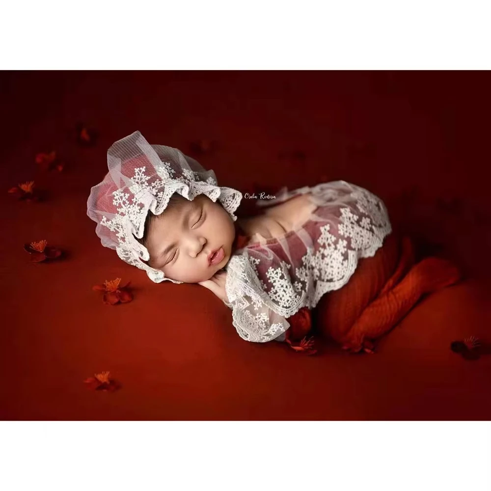 

Рождественский комплект одежды для фотосъемки новорожденных девочек, красный кружевной комбинезон с подходящей шляпой для детской фотосессии, наряд для студии