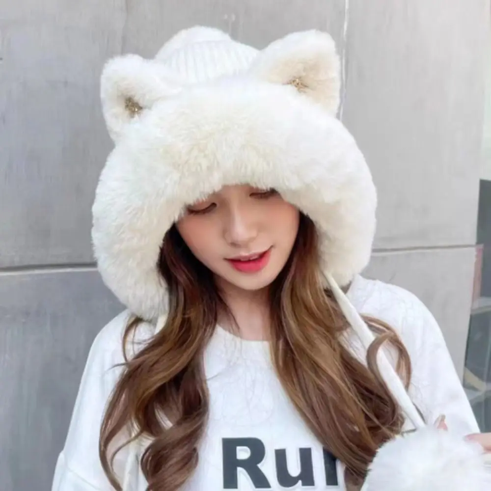 Winter Warm Knitted Hats for Women Cute Cartoon Cat's Ears Two Balls Earflap Cap Plush Fluffy Thicken Warm Beanie Hat