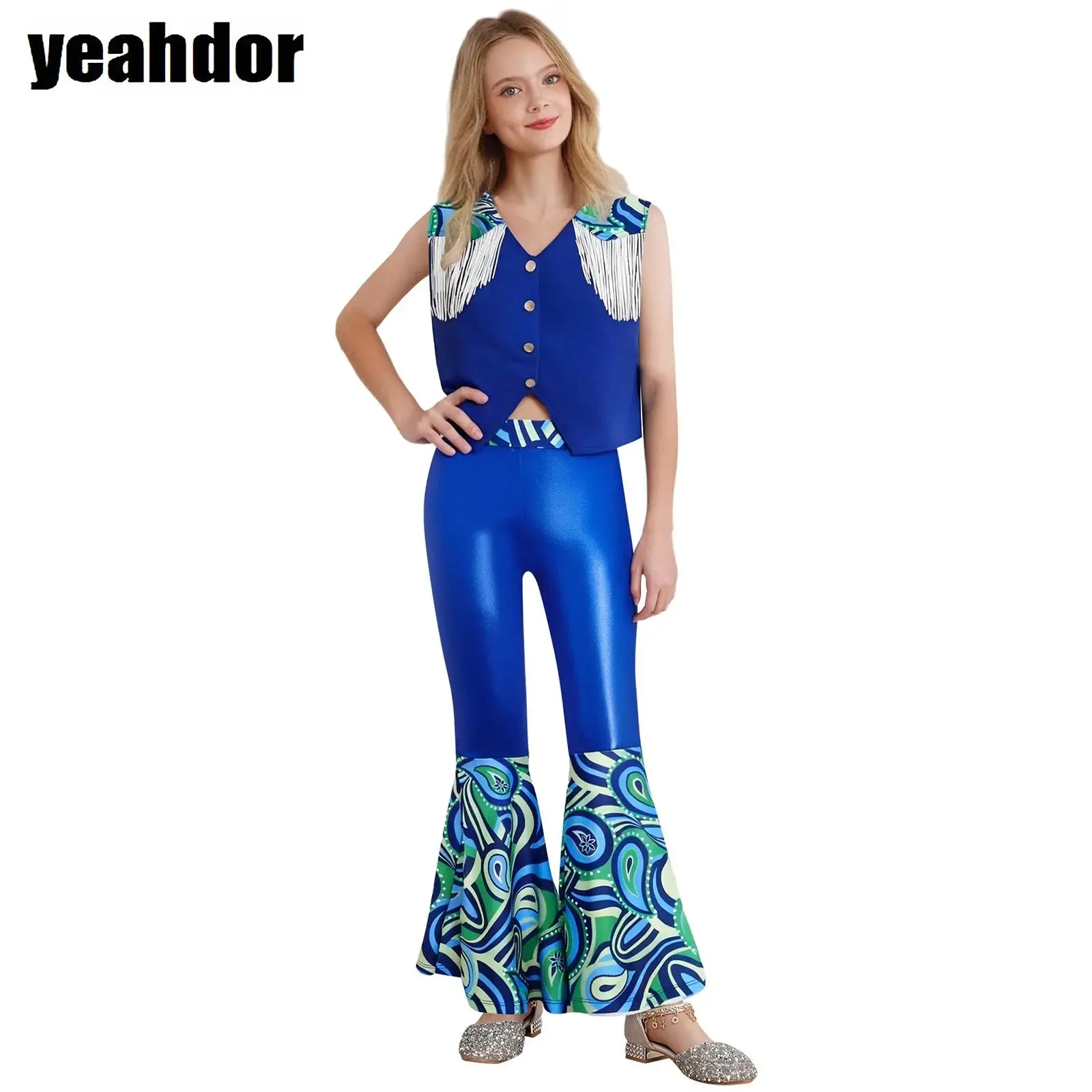 

Girl Western Cowboy Cosplay Outfit V-Neck Fringes Vest Top with Shiny Metallic Bell-Bottomed Pants Halloween Cowgirls Costumes