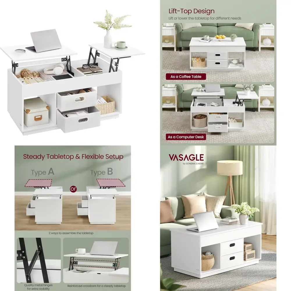 

Lift Top Coffee Table with Storage Drawers and Hidden Compartments - Center Table for Living Room with Openable Top and Space-sa