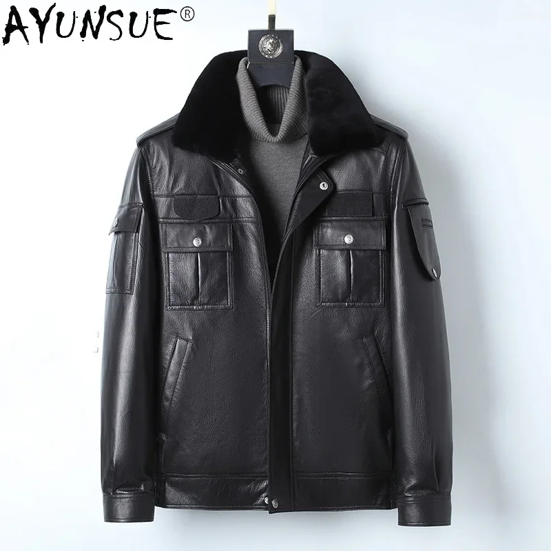 

AYUNSUE Winter Jacket Men Clothing Men's Genuine Goatskin Leather Jackets Warm Real Rabbit Fur Coat Hommes Veste LXR919