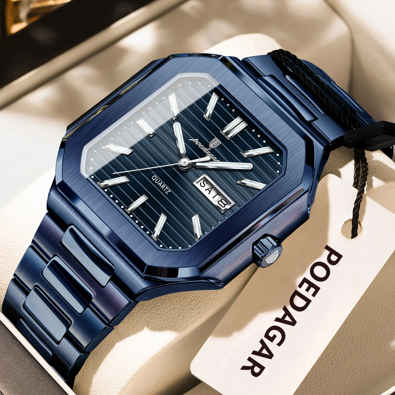 POEDAGAR Top Luxury Brand Male Watch Waterproof Luminous Date Week Quartz Men's Watches Stainless Steel Fashion Square Men Watch
