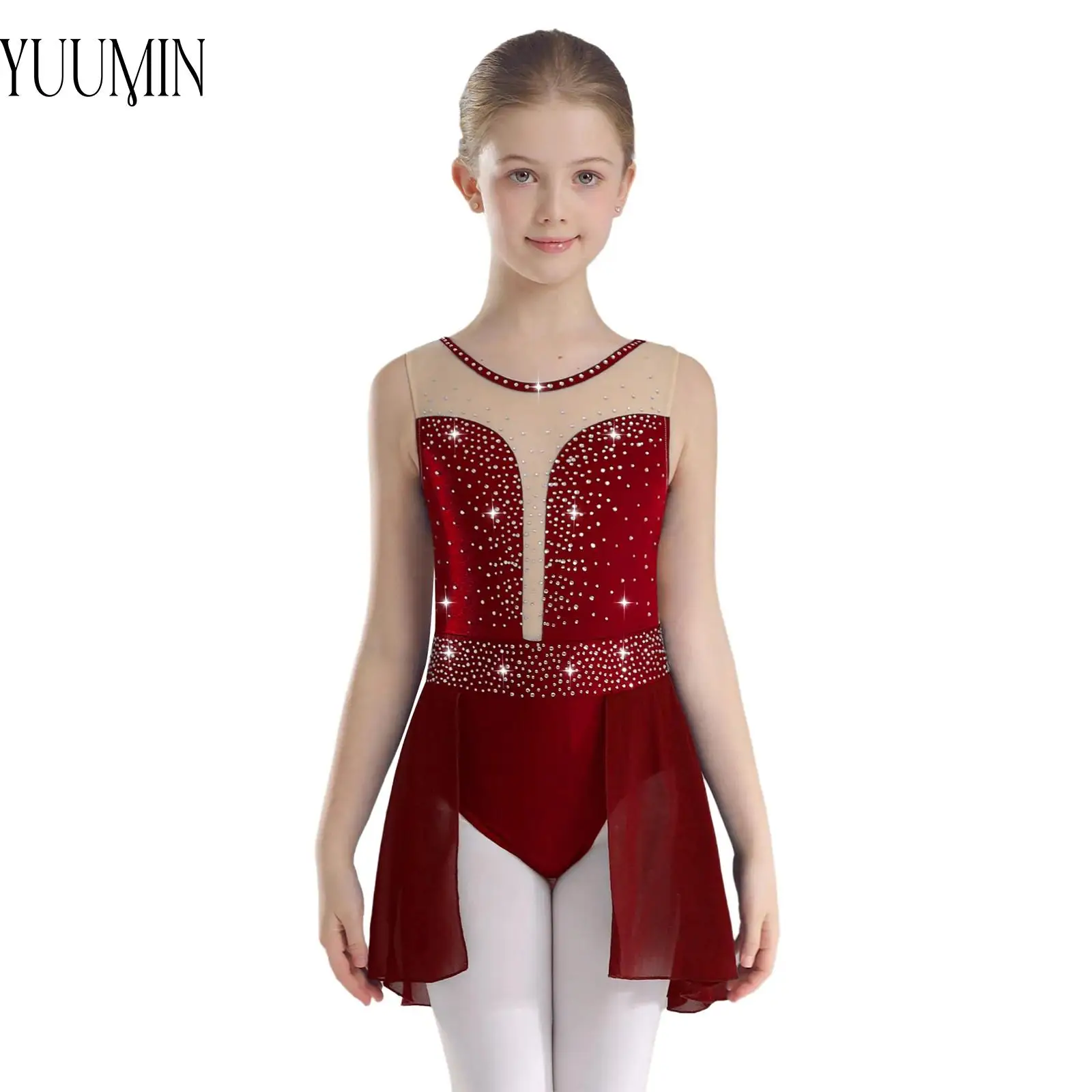 

Kids Girls Lyrical Ballet Dance Gym Leotard Dress Sparkly Rhinestones Backless Skirted Dancewear for Performance Competition