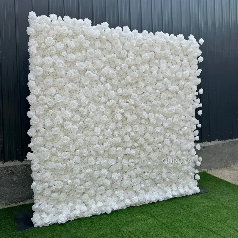 Custom White Roll-up Cloth Flower Wall Artificial Silk Rose Flower Wall Panel Backdrop for Wedding Decor Party Supplies