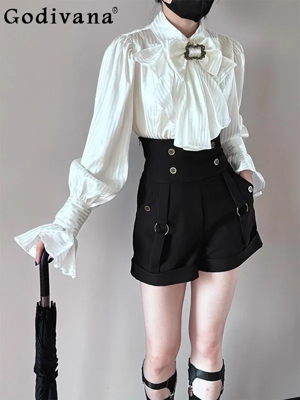 

Japanese Original Lolita Gothic Style Long Sleeve Shirt Shorts Vintage Elegant Lady Bell Sleeve Bowknot Two-Piece Set for Women