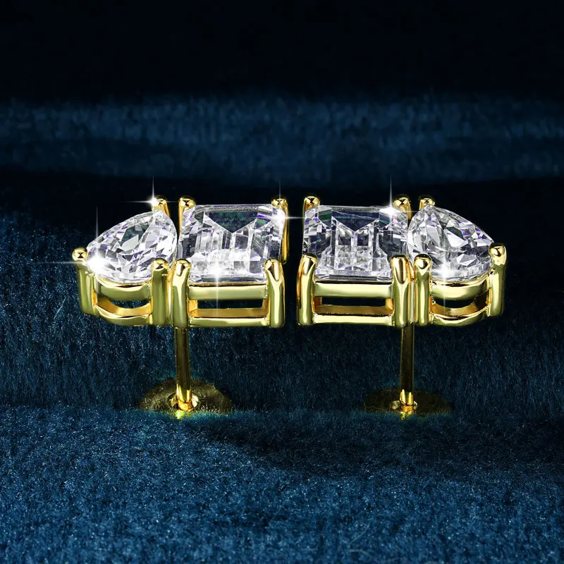 OXTAO Two Stone Cubic Zirconia Stud Earring Emerald &Pear Cut for Women Statement Earrings Wedding Party Jewelry 14K Gold Filled