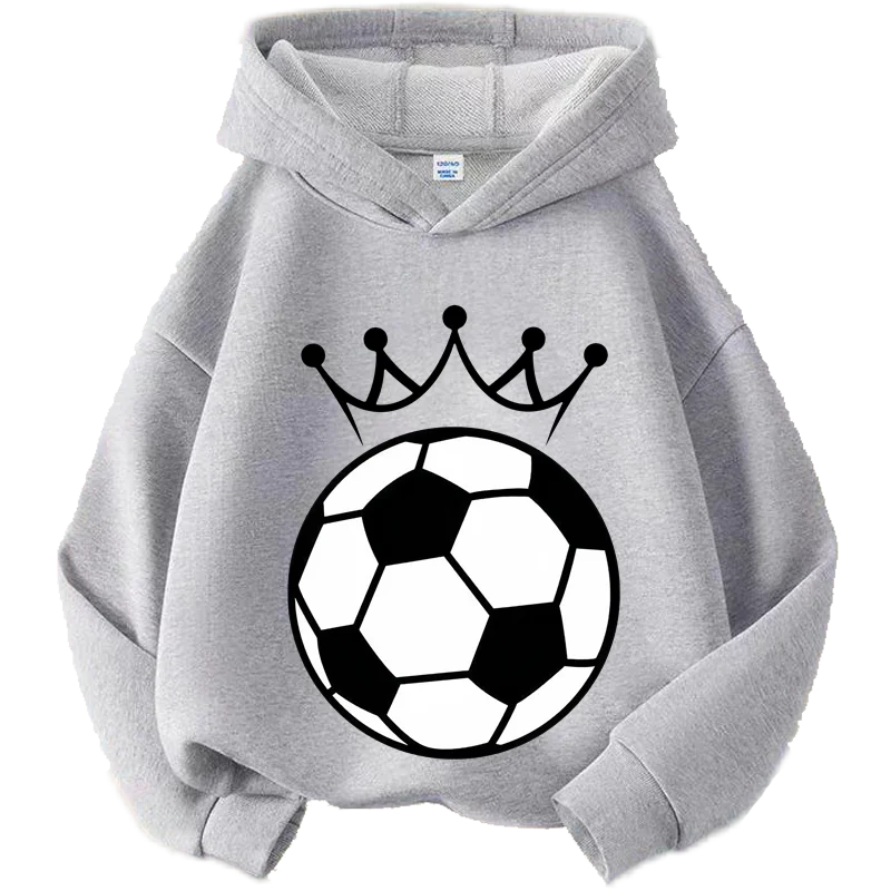 Kids Soccer Crown Graphic Hoodie Boys Girls Football Print Hooded Sweatshirt Casual Long Sleeve Sport Pullover Top
