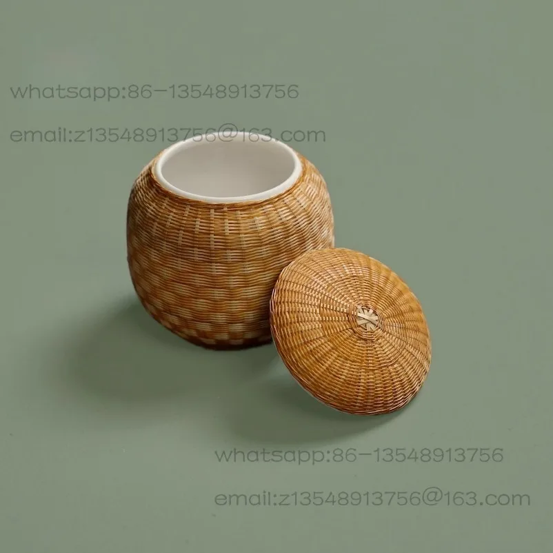 Bamboo woven tea can bamboo silk buckle porcelain desktop tea set travel portable storage sealed jar