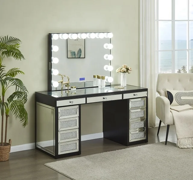 Modern Makeup Vanity With LED Mirror and Drawers Small Bedroom Dressing Table Lighted Vanity Set for Home Beauty Use
