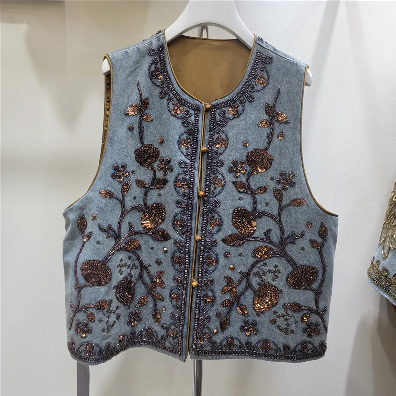 2026 Spring Summer New Fashion Embroidery Sequin Beading Denim Vest Women Layered Light Luxury Cape Top