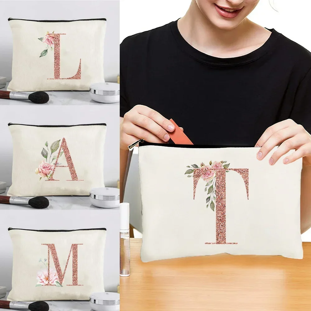 All Match Canvas Cosmetic Storage Pouch With Rose Gold Letter Print Zipper Makeup Bag for Ladies Daily Makeup Arrangement