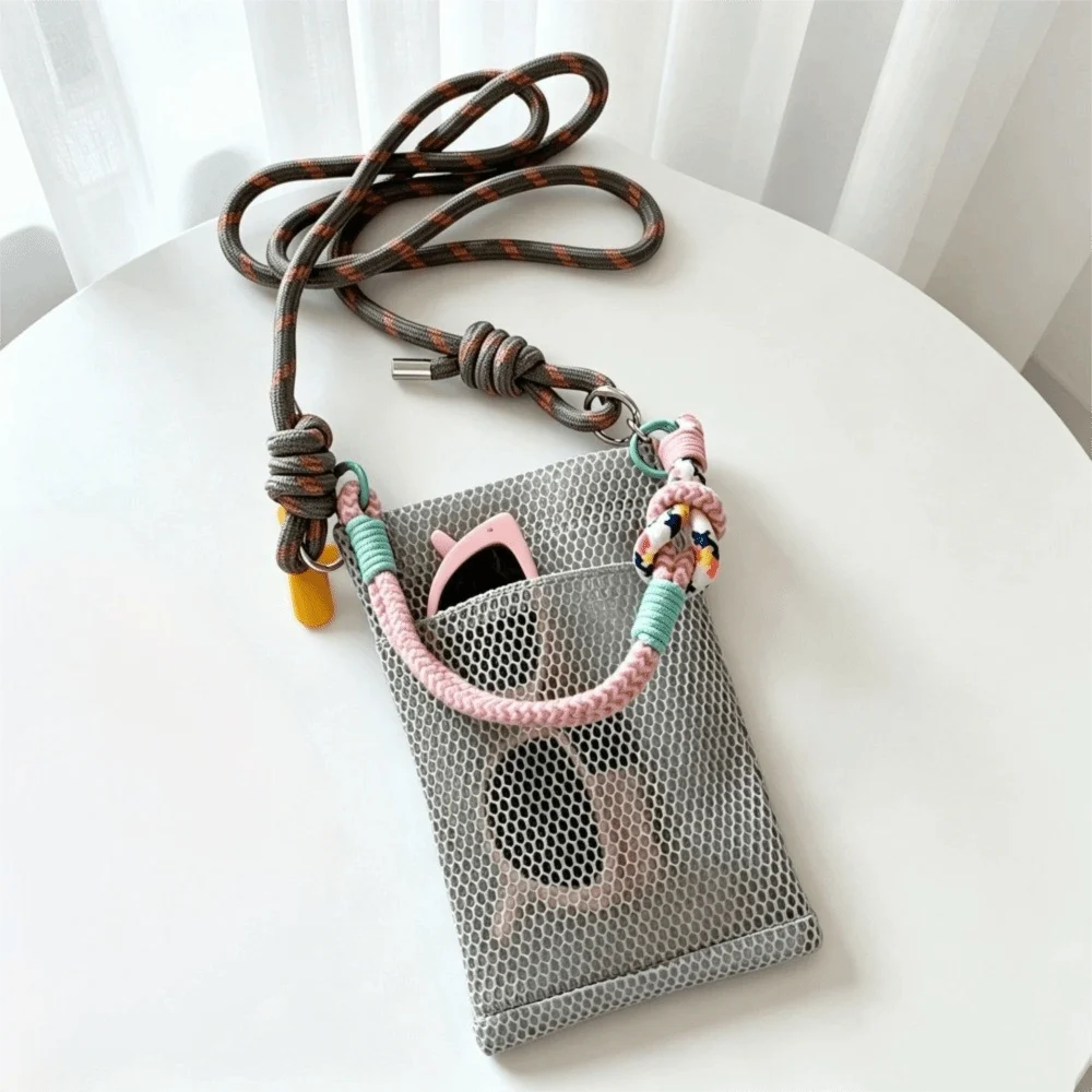 Adjustable Lanyard Mesh Phone Bag Braided Strap Portable Design Phone Crossbody Bag Mini Purse Cute Style Mobile Phone Pouch