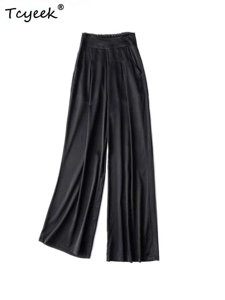 

Tcyeek 93% Real Mulberry Silk Pants Women 2026 Solid Elastic Waist Wide Leg Pants Casual Women Clothing Pantalon Pour Femme
