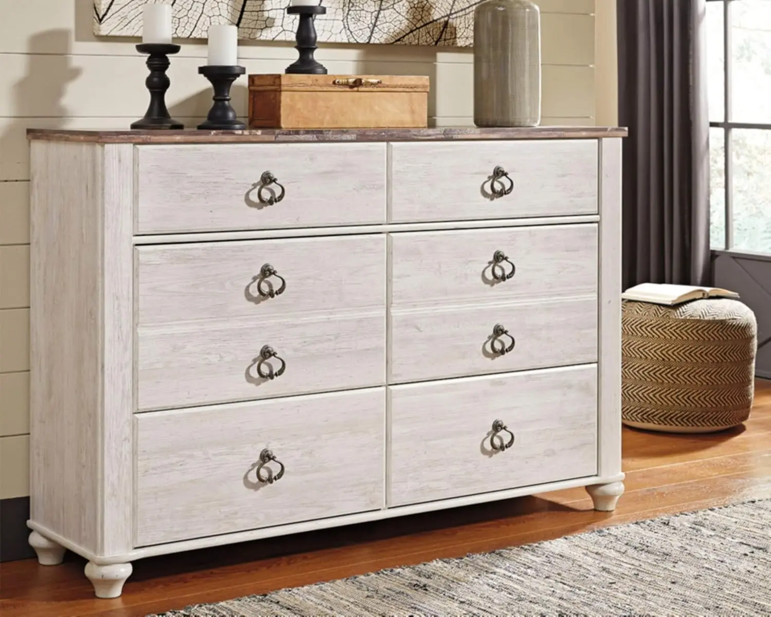 Coastal Cottage 6 Drawer Dresser with Faux Plank Top, Whitewash