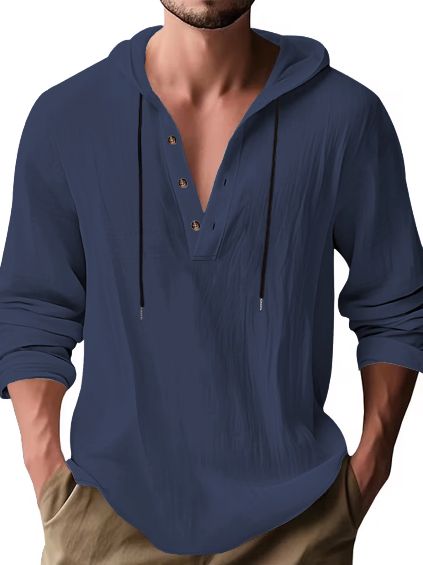 Herren Baumwoll-Leinen Kapuzen-Henley-Shirt Pullover Atmungsaktiv Bequem Neuer Stil Vielseitige Freizeitkleidung – Detail 10