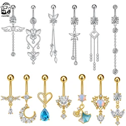 Zircon Crystal Belly Button Ring Dangle Wing Piercing Nombril Ombligo Surgical Steel Barbell Heart Round Navel Stud Body Jewelry