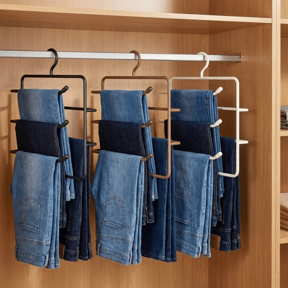 Multi-functional Iron Multi-Layer Trouser Racks Non Slip Hanging Scarf Tie Rack Space Saving Closet Pants Organizer for Home