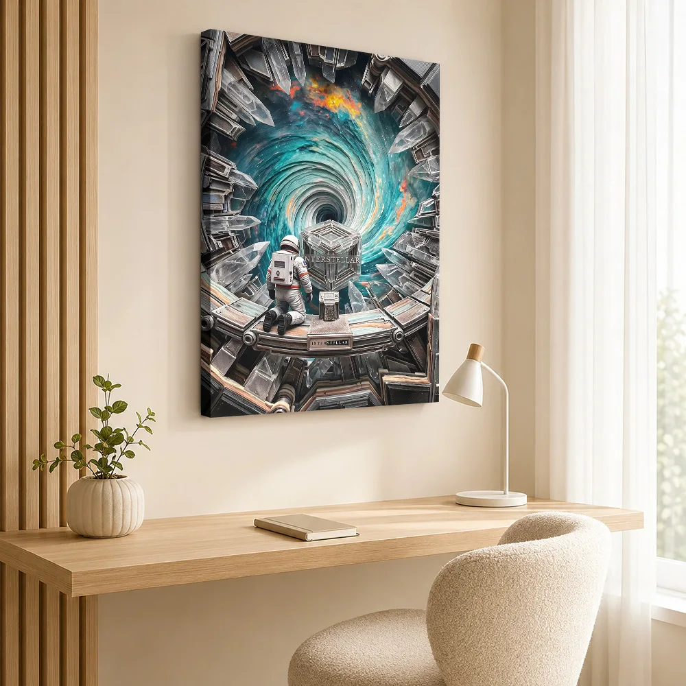 Interstellar Astronaut And Tesseract Portal Framed Canvas Poster Customized Photo Expressive Brushwork Wall Art For Media Room