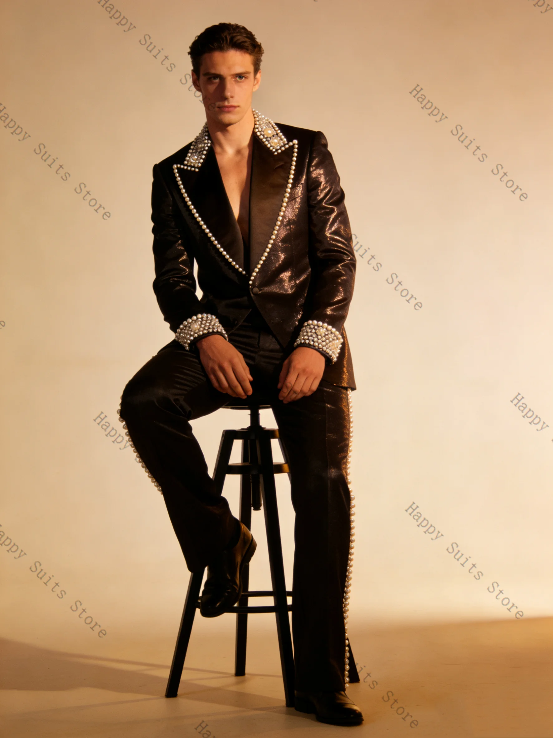 

Shiny Pearls Men Suit Set 2 Pcs Groom Blazer+Pants Trousers Luxury Formal Office Coat Wedding Tuxedo Customized Jacket Outfit