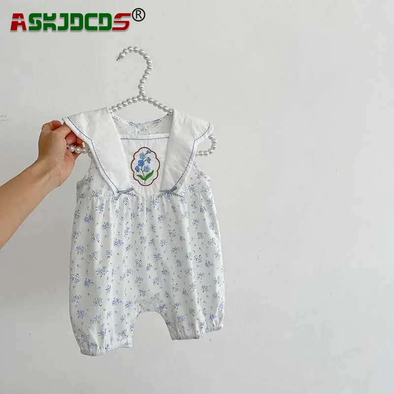 

2024 Romper 유아복 Infant Baby Girls Sleeveless Embroidery Flower Bow Patch Floral Print Outwear Kids Newborn Cotton Thin 1 Pieces