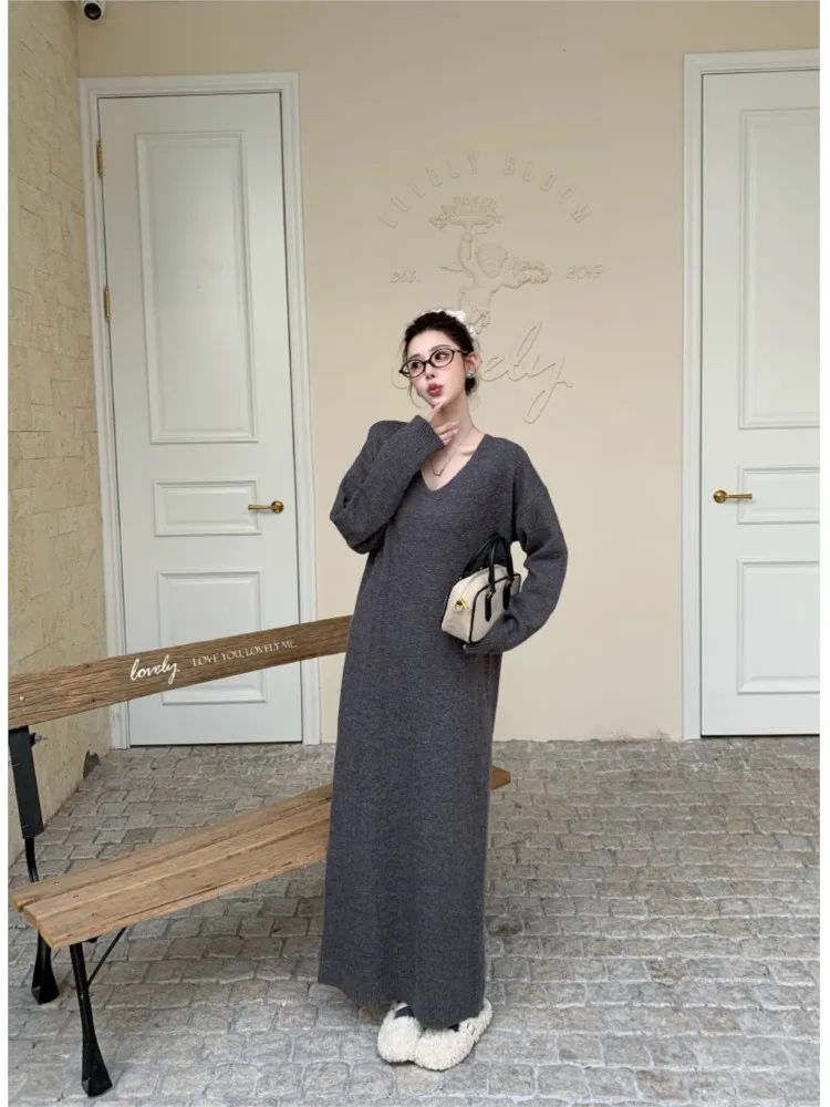 Sukienka damska wiosenno-jesienna oversize z dekoltem w serek, elegancka, vintage, luźna, koreańska sukienka damska z długim rękawem, sukienki damskie, vestidos