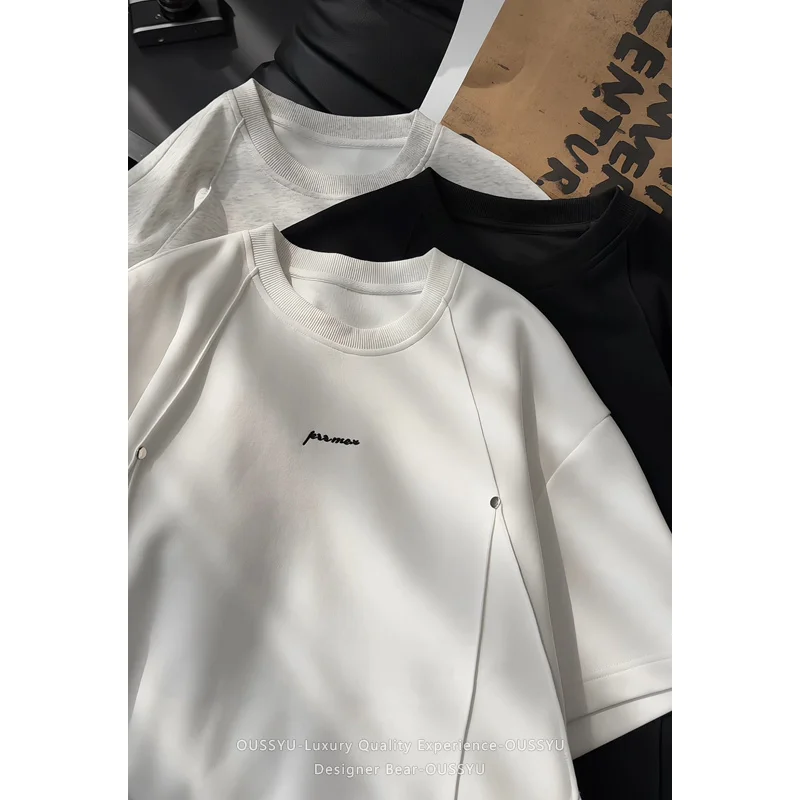 Brand Clothing Men's Sliced Design Heavyweight Cotton T Shirt Round Neck Short Sleeve Casual High Street Loose Fit Tee White