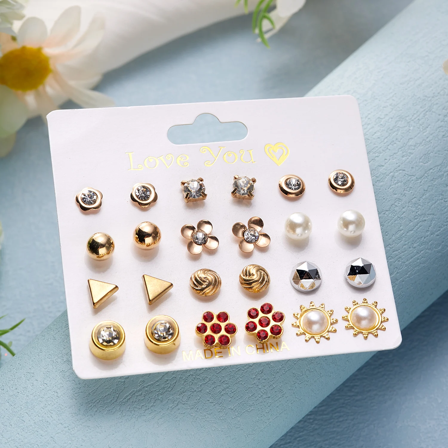 12 Pairs/Set Flower Heart Earrings Set for Women Geometric Rhinestone Simulated Pearl Piercing Ball Earring Jewelry Accessories