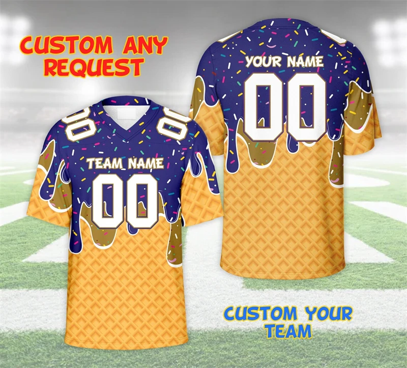 3D Print Funny Cosplay Ice Cream Pattern Football T-shirt V-neck Customized Name Number Personality Uniform Cool New Trend Tee view 4