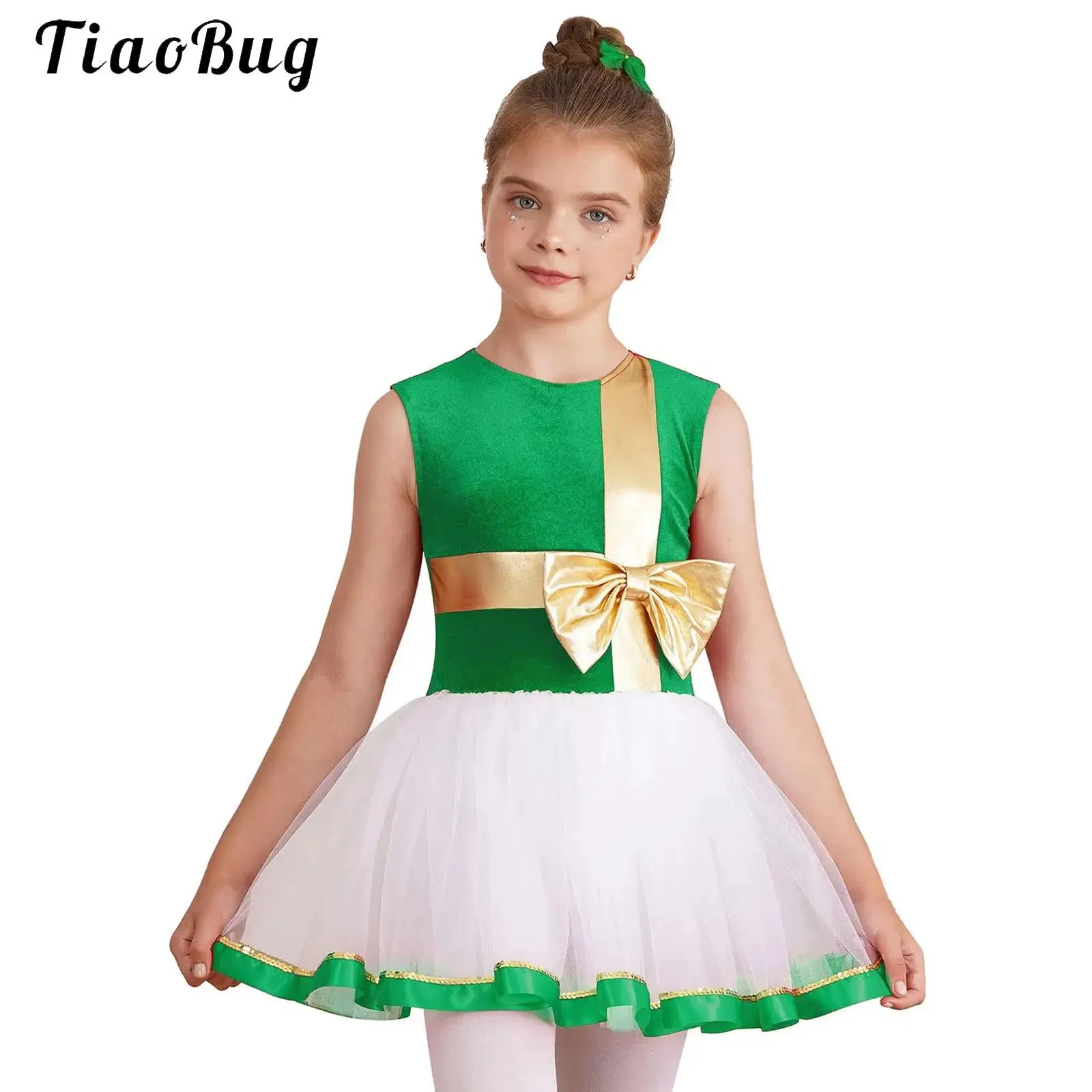 

Kids Girls Elf Christmas Dress Big Bow Mrs Santa Claus Costume Sleeveless Mesh Skirt Ballet Tutu Dance Dress Leotard Dancewear