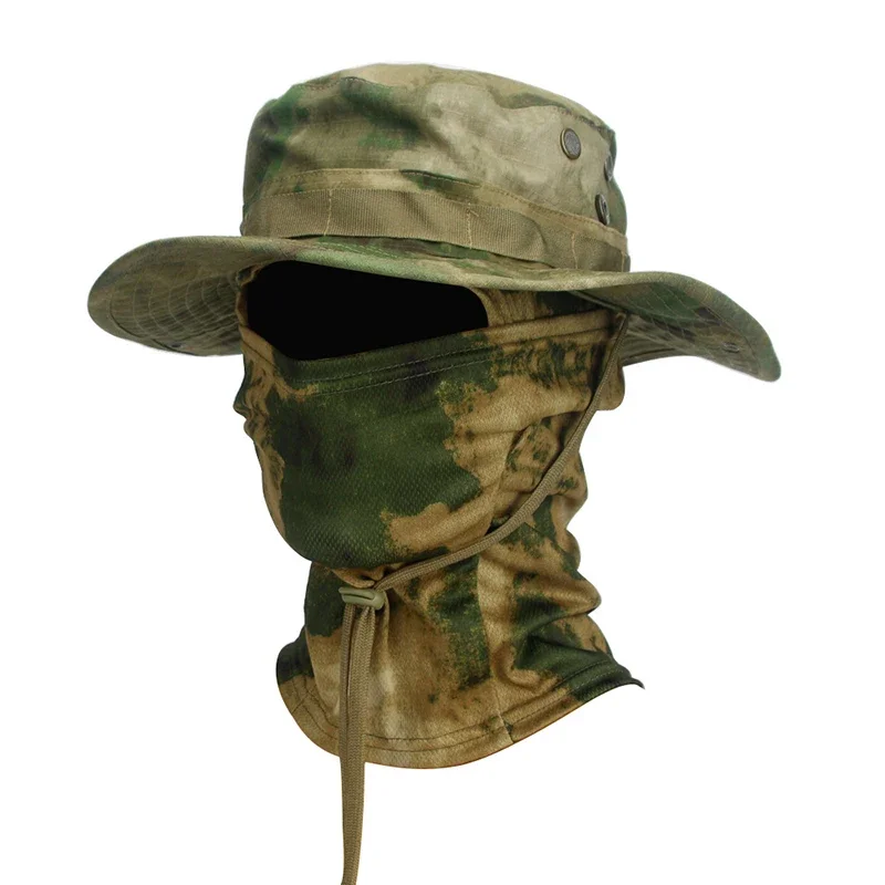 Camouflage Boonie Cap Face Mask Set Men Mountaineering Hunting Camping Balaclava Hat Suit Wide Brimmed Sports Fishing Hat