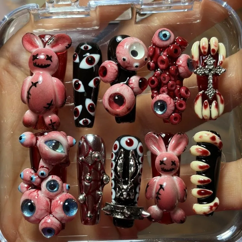 Handmade 3D Dirty Rabbit False Nail Tips, Gothic Alt Aesthetic Press on Nails, Dark Spicy Style Detachable Nail Art for Party