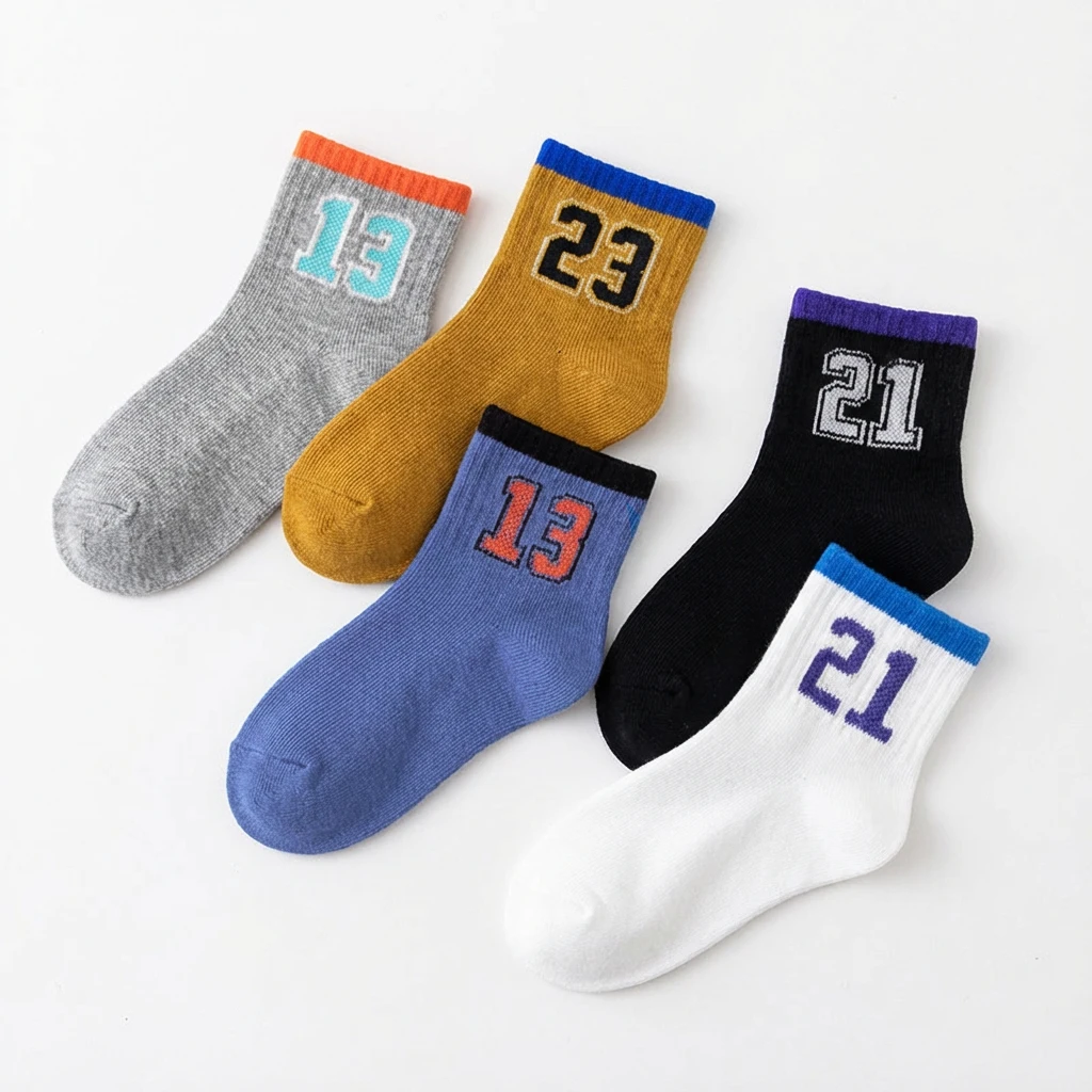 5 Pairs Children's Sports Socks, with Number Patterns, Casual and Versatile Boys' Socks Suitable for All Seasons.