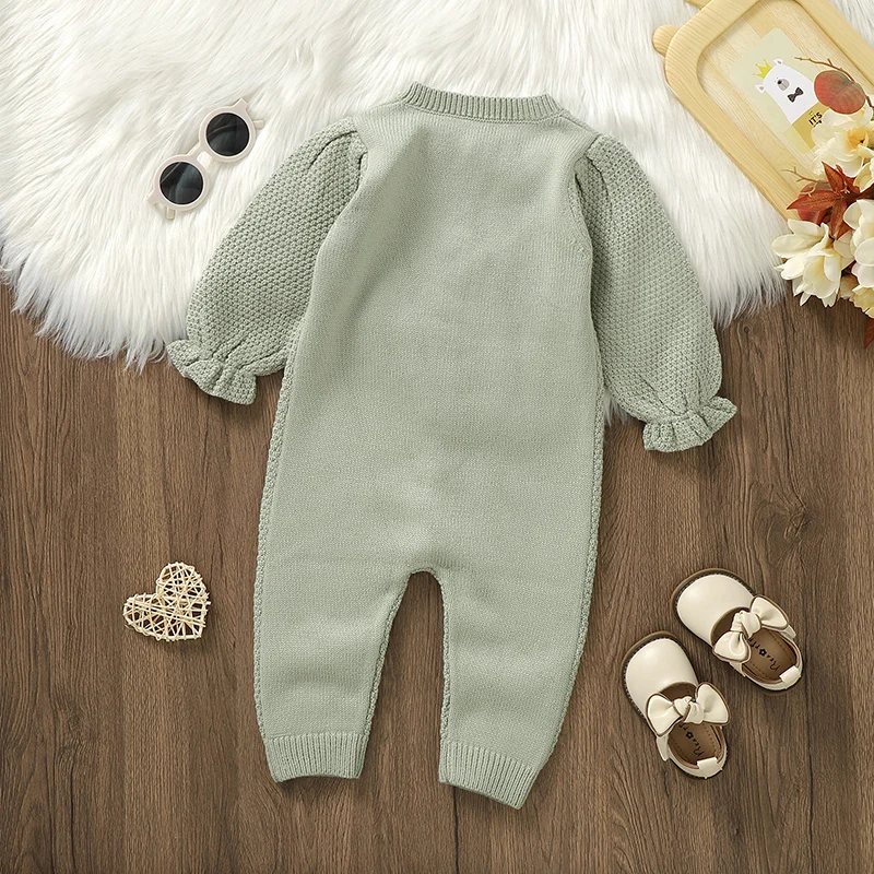 Autumn Winter Newborn Baby Rompers Knitted Green Floral Embroideried Infant Boys Girls Full Sleeves Jumpsuits Playsuit One Piece