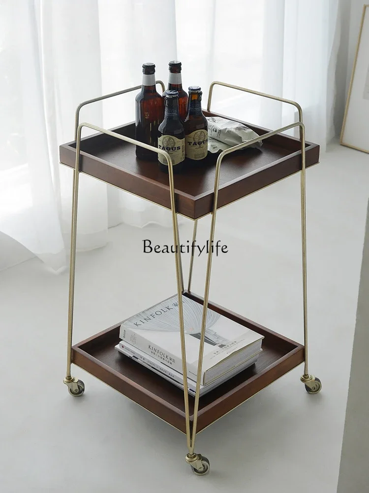 Nordic wrought iron trolley coffee table mobile wheeled wine rack double-layer wine food delivery cart