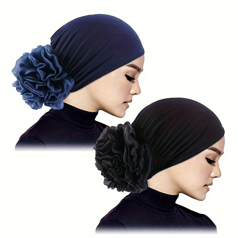 2/Pcs Women's Hijabs Turban Big Flower Elastic Cloth Hair Bands Hat Beanie Muslim Solid Hair Loss Scarf Cap Hair Accessories