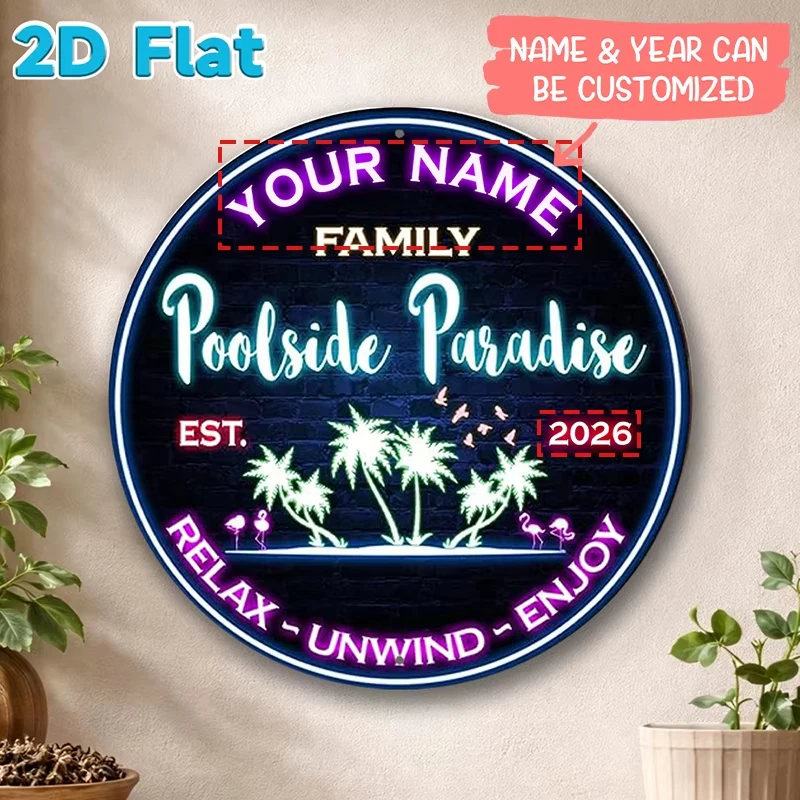 1PC 2D Custom Name & Year Poolside Paradise Round Metal Sign Flamingo Palm Tree Plaque Patio Wall Art Decor