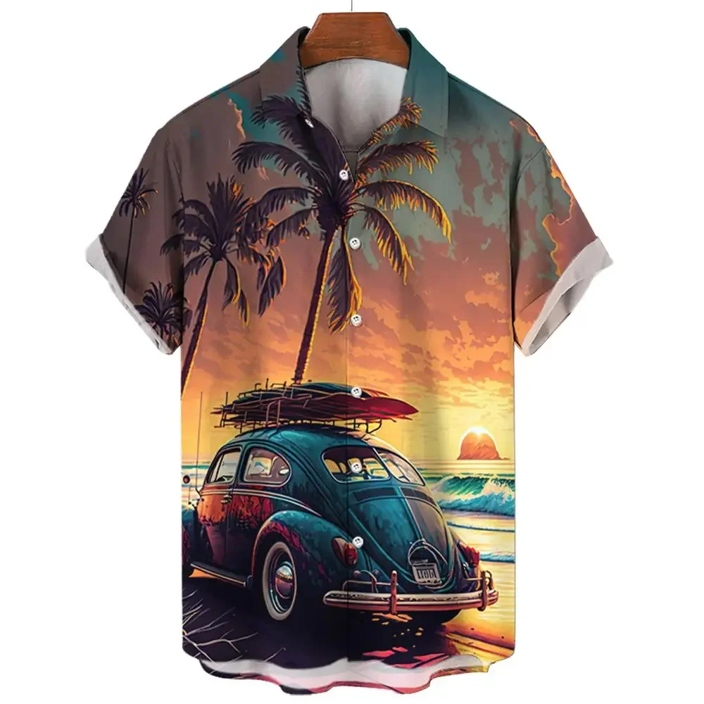 Vintage Men's Shirt For Men Short Sleeve Tops Beach and cars 3d Print Shirt Summer Sweatshirt Tees Designer Men's Clothing