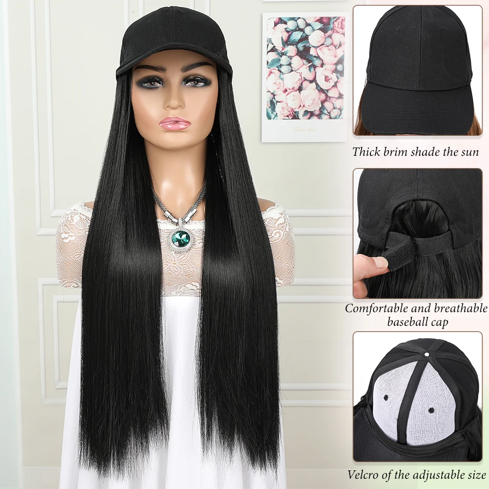 Hoed Pruik Synthetische Lange Rechte Baseball Cap Met Hairextensions 24 Inch Hoogwaardige Vezel Verstelbare Pruik Hoed Voor Dames Meisjes