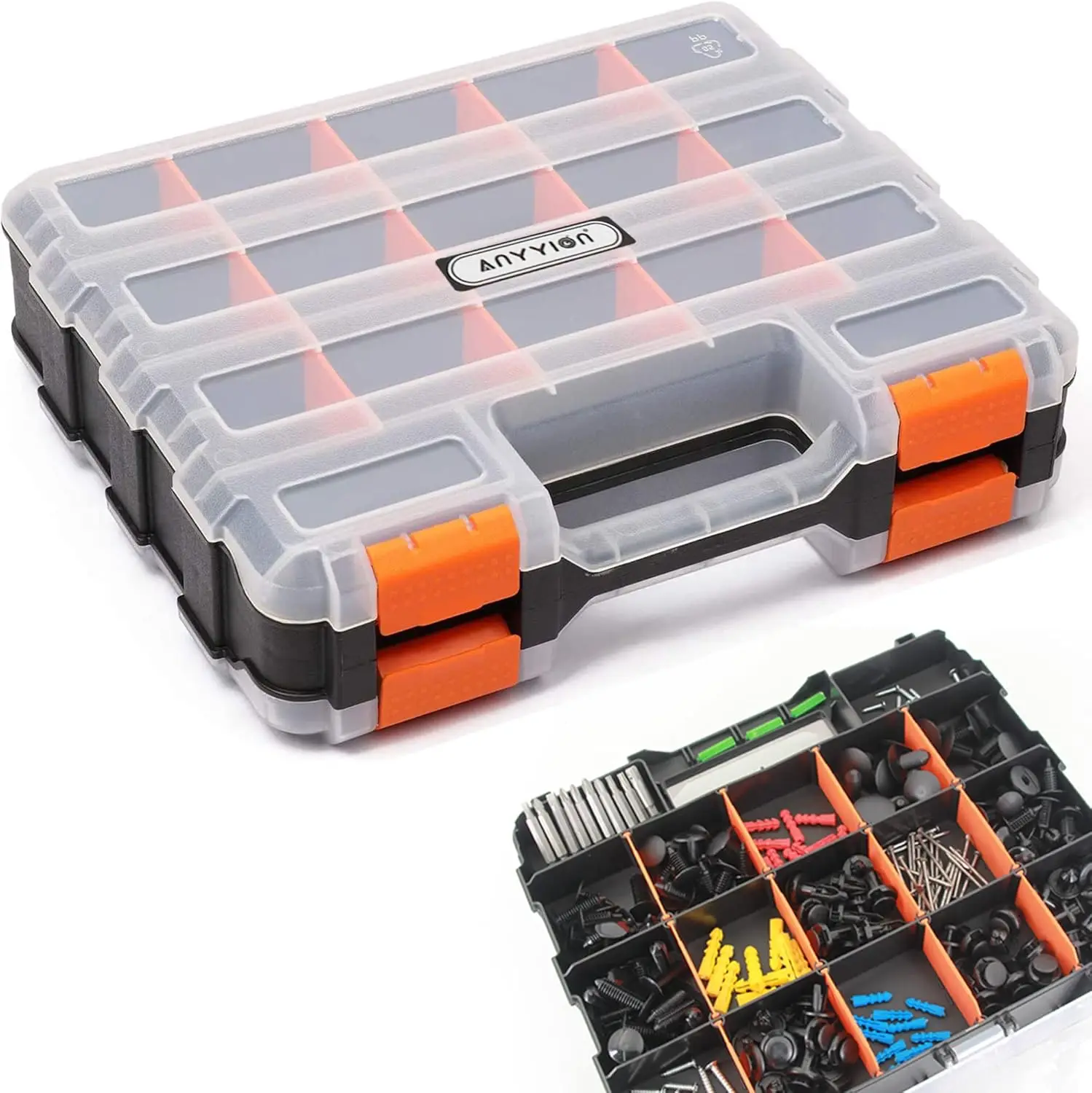 

34-Compartment Double-Side Parts Organizer with Removable Dividers for Hardware, Screws, Bolts, Nails, Beads, Jewelry Storage