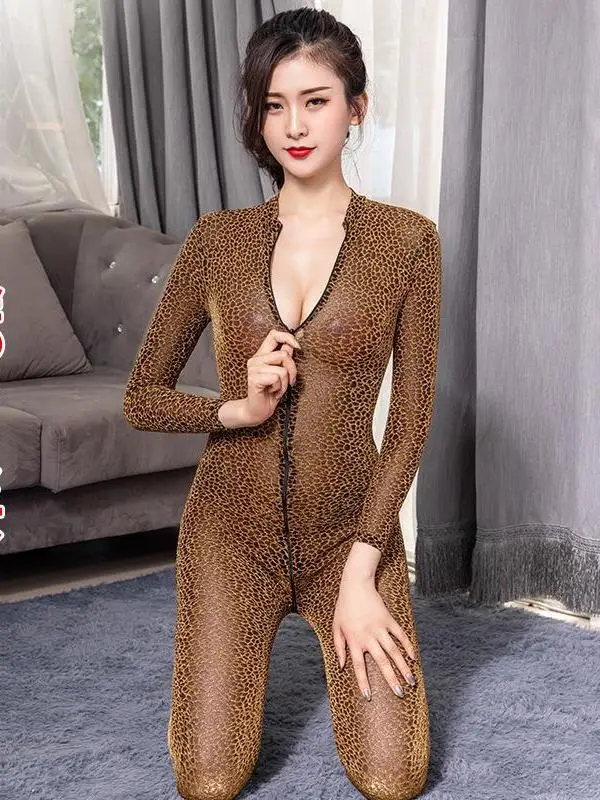 

Temptation Gold Yarn Leopard Pattern Mature Charm Tight Long Sleeved Pants Zipper Open Crotch Jumpsuit Women's Underwear 7XFE