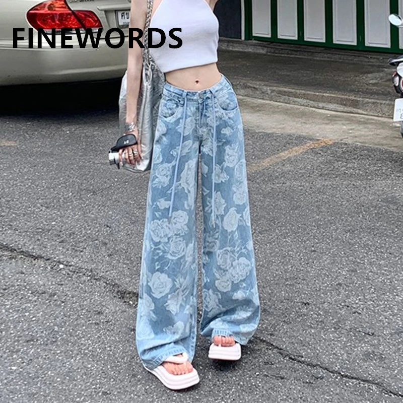 FINEWORDS High Waist Flower Print Jeans Women Korean Streetwear Easymatch Causal Baggy Jeans Vintage Washed Wide Leg Blue Jeans