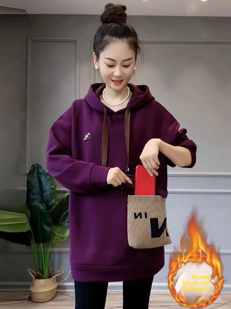 เสื้อฮู้ดผู้หญิงทรงยาวมีซับใน รุ่นใหม่ล่าสุดสำหรับฤดูใบไม้ร่วงและฤดูหนาว สไตล์แฟชั่น