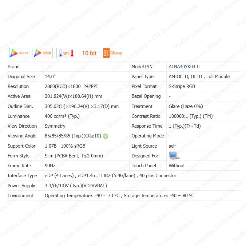 Imagem -04 - Painel de Exibição Lcd Portátil Oled 14 Atna40yk04 Atna40yk07 Atna40yk11 Atna40yk040 2880x1800