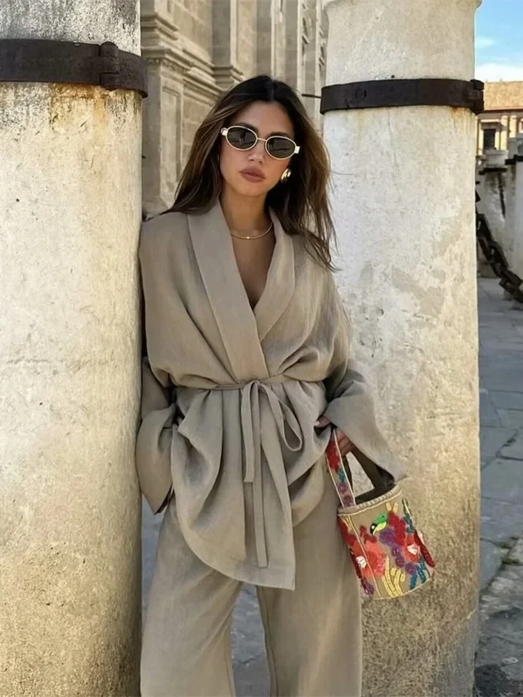 Solid Linen Women\'s Pants Suit Solid Khaki Lace-Up Long Sleeve Cardgian Blouse+ Elastic Waist Wide Leg Pants Streetwear