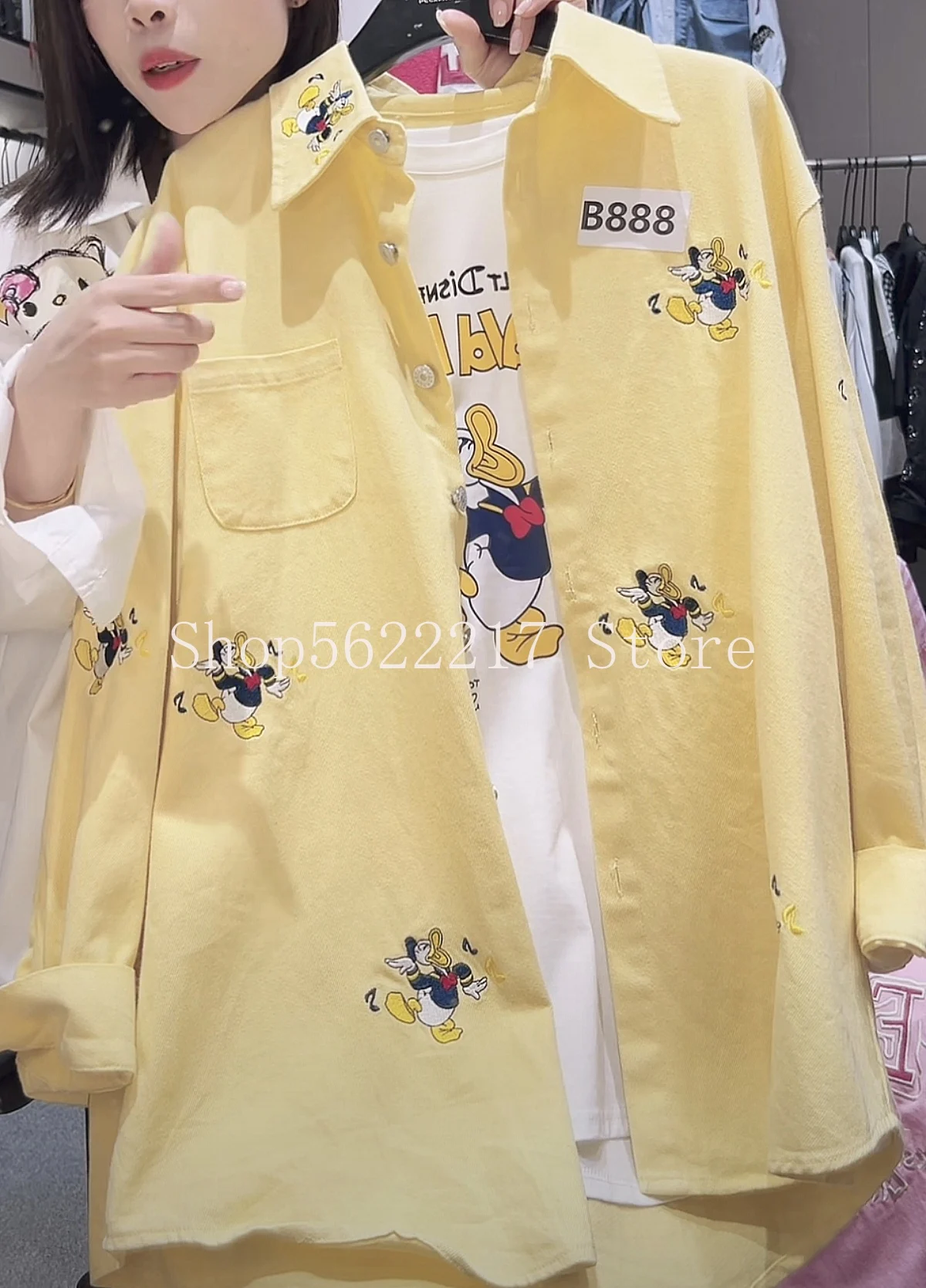 

2025 New Spring Autumn Woman Yellow Blouses All-match Cute Embroidery Donald Duck Loose Cardigans Top Long Sleeve Casual Shirts
