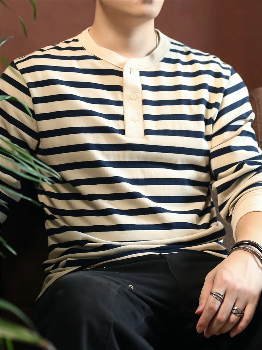 

American Sle Henry irt Long Sve Cotton T-irt Retro Striped Nautical Collar Autumn Men's Faion Casual Wear