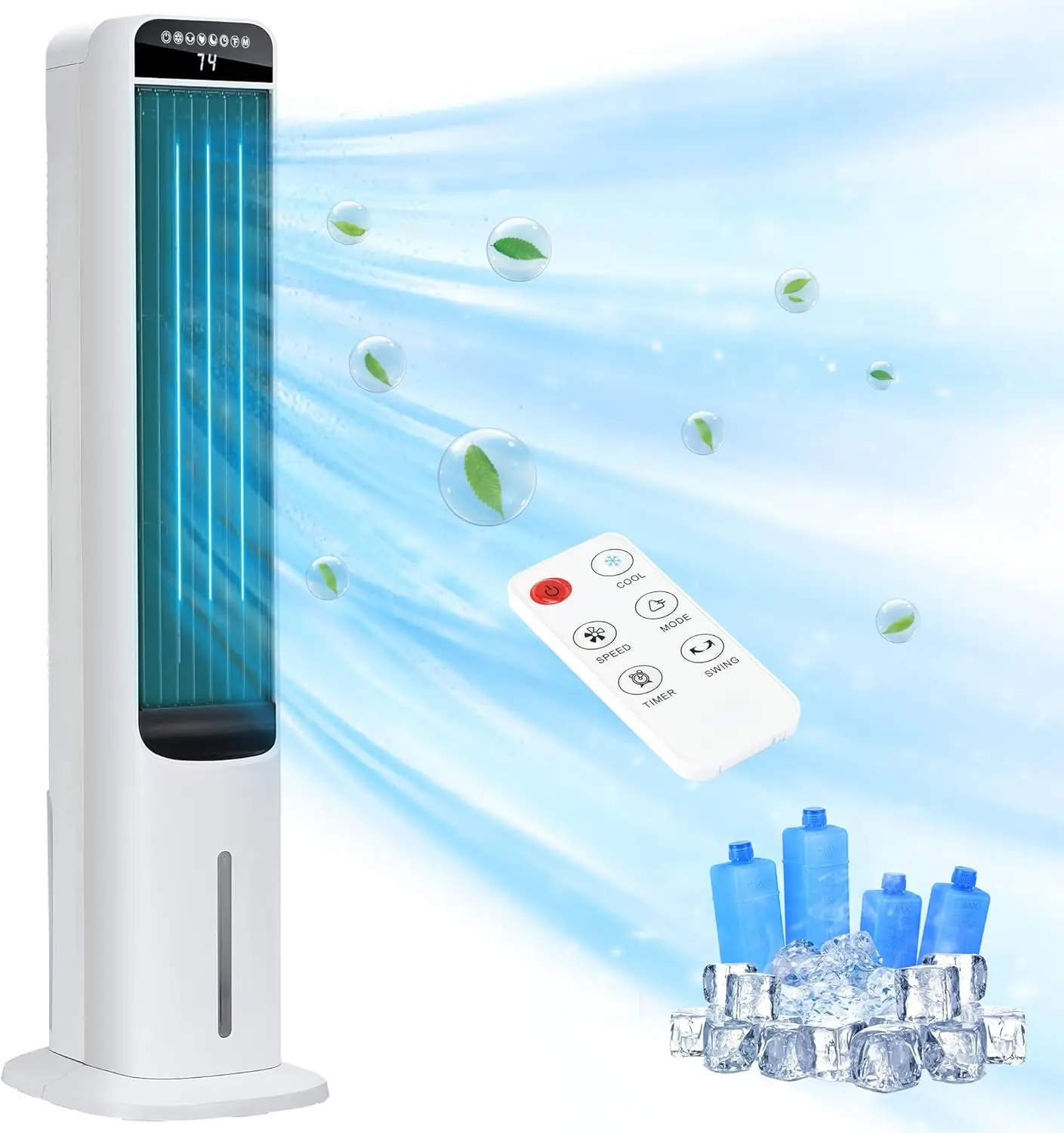 

41-дюймовые вентиляторы для охлаждения, выпускающие холодный воздух, напольный вентилятор 3-в-1 с пультом дистанционного управления, 3 скорости, 120 Вт ° Осциллирующий испарительный охладитель воздуха