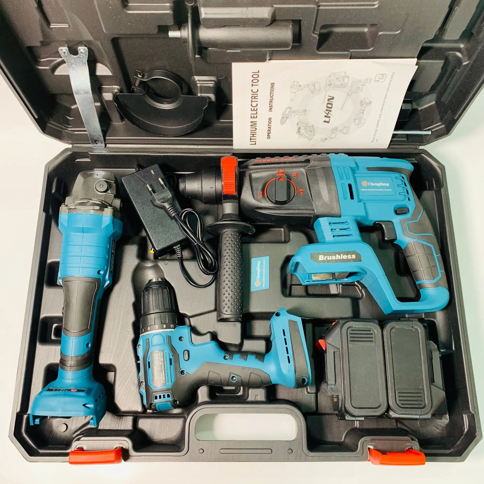 Lithium brushless electric tool set 3 piece 01 (Angle grinder, electric drill and light hammer)