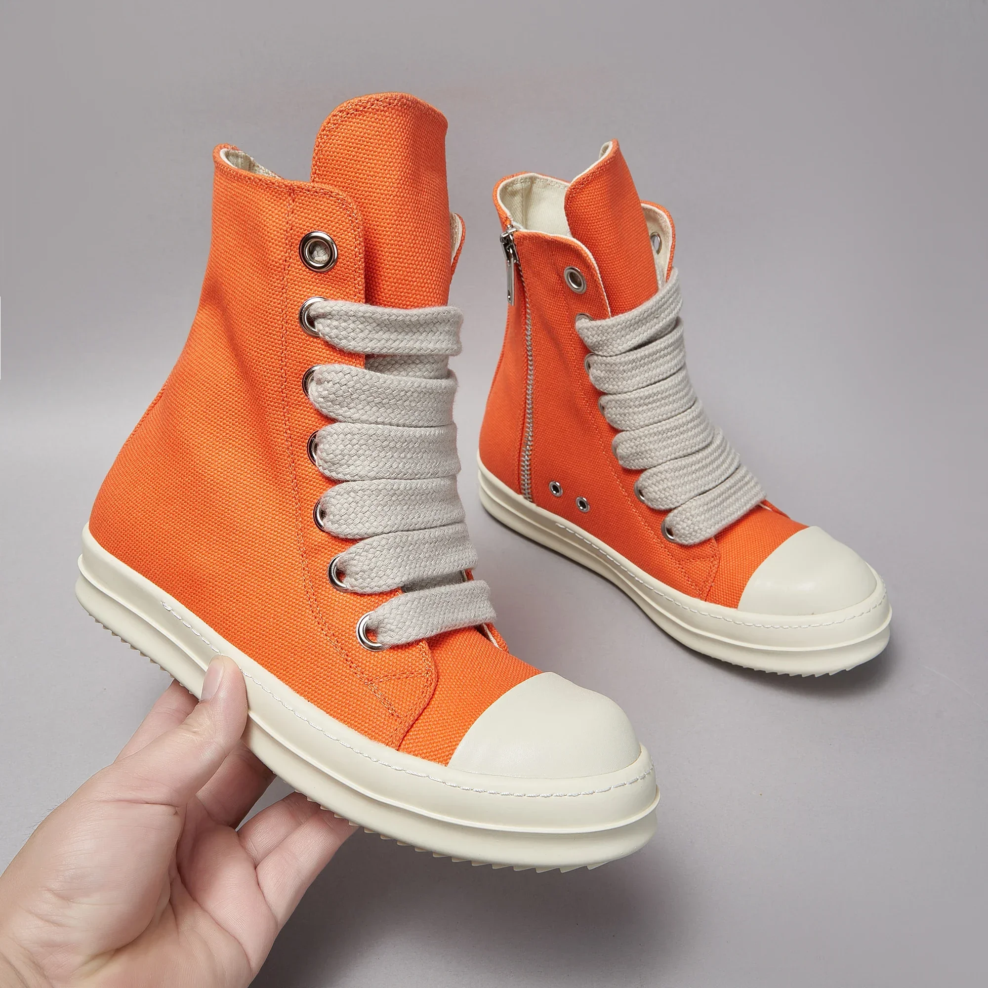 Brand Women Sneaker Casual High Top Jumbo Lace Up Men Shoe Orange Luxury Ricks Designer Canvas Owens Zip Thick-sole Ankle Boot