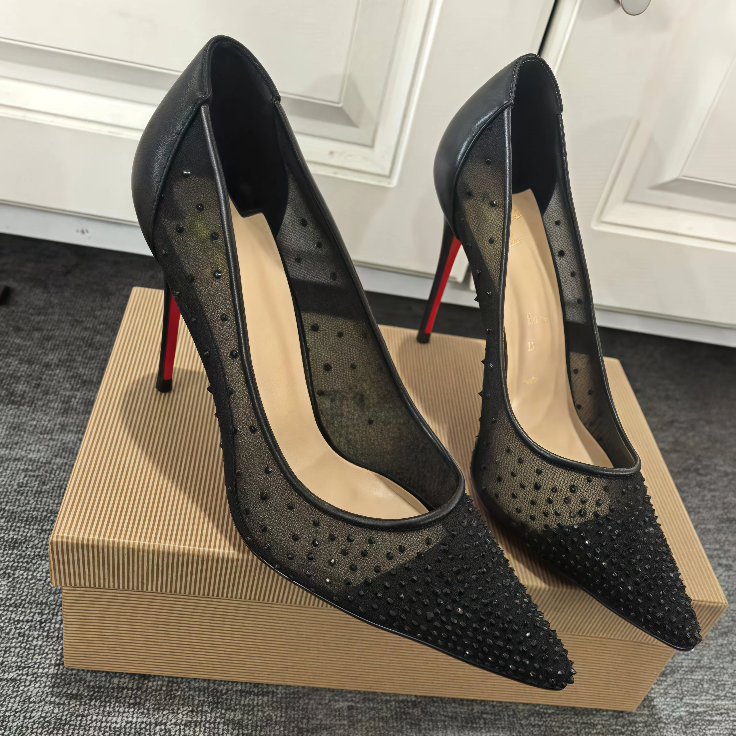 Round Dots Black Mesh Lace Womens Pumps Pointed Toe Red Sole Single Shoes Female 8 10 12cm High Heels 35-42 size Zapatos Para